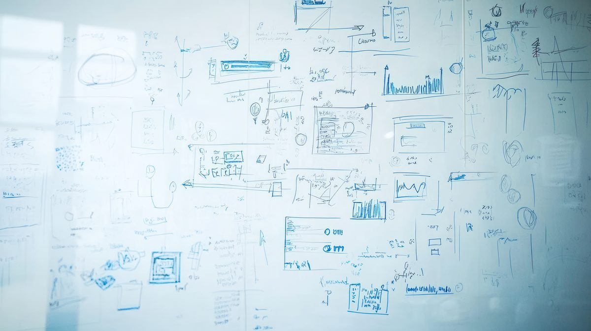 Whiteboard with hand-drawn flowcharts and diagrams