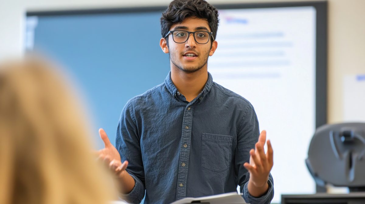 Young researcher presenting and answering questions in a seminar